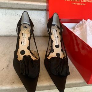 Christian Lacroix, Black Satin Evening Shoes w/ Flower, SZ 39 (8 1/2 or 9), EUC